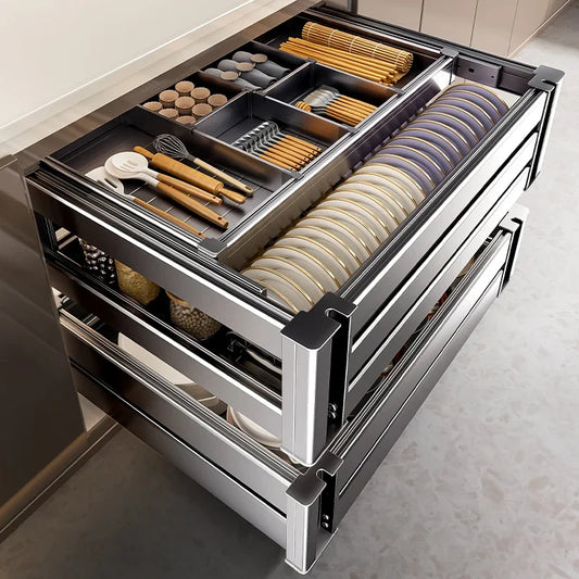 Kitchen Cabinets Dish Baskets Double Drawer Bowl Rack Seasoning Storage